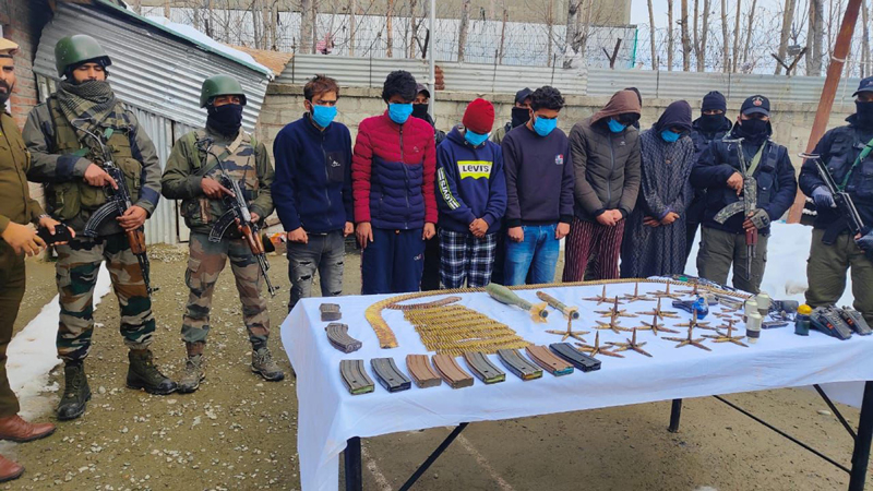 Jaish activists arrested by security personnel in Kulgam on Friday. (UNI)