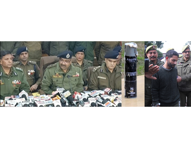 DGP Dilbagh Singh flanked by senior officers addressing a press conference (left), perfume IED recovered by police (middle) and militant arrested in Jammu (right) on Thursday. —Excelsior/Rakesh
