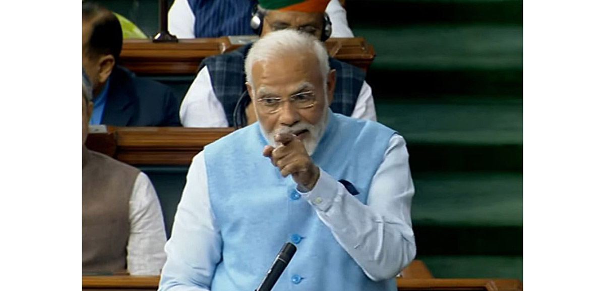 Prime Minister Narendra Modi speaking at Lok Sabha in New Delhi on Wednesday. (UNI)