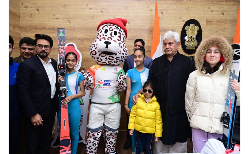 LG Manoj Sinha and Union Sports Minister Anurag Thakur launching 3rd Khelo India National Winter Games Anthem, Mascot and Jersey at Raj Bhavan on Saturday.