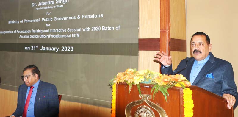 Union Minister Dr Jitendra Singh delivering inaugural address at the Foundation Training and Interactive Session with 2020 Batch of Assistant Section Officer (Probationers) at the Institute of Secretariat Training & Management (ISTM), New Delhi on Tuesday.