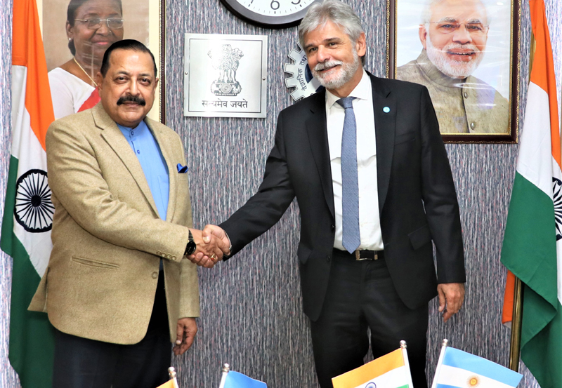 Argentina Minister of Science, Technology & Innovation, Daniel Filmus calling on Union Minister Dr Jitendra Singh at CSIR Science Centre, New Delhi on Tuesday.
