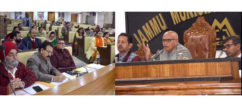 JMC Mayor, Rajinder Sharma addresses General House Meeting of the Urban Local Body in Jammu on Tuesday. -Excelsior/Rakesh