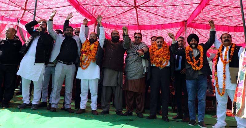 Apni Party president Altaf Bukhari flanked by others at public rally in Udhampur on Tuesday.
