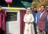 Chairperson J&K Waqf Board Dr Darakshan Andrabi laying foundation stone for new works at Shahdara Sharief in Rajouri. -Excelsior/Imran