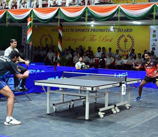 Players in action during Table Tennis tournament at University of Jammu on Wednesday.