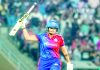 Shafali Verma raising bat during her unbeaten knock of 76 runs against Gujarat Gaints at Navi Mumbai on Saturday.