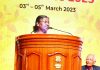 President Droupadi Murmu addressing at the 7th International Dharma Dhamma Conference, organised by the India Foundation in collaboration with the Sanchi University of Buddhist-Indic Studies, in Bhopal on Friday. (UNI)