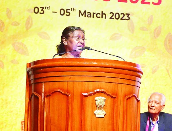 President Droupadi Murmu addressing at the 7th International Dharma Dhamma Conference, organised by the India Foundation in collaboration with the Sanchi University of Buddhist-Indic Studies, in Bhopal on Friday. (UNI)