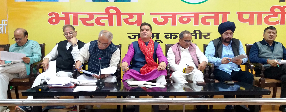 Senior BJP leaders at a party meeting at Jammu on Friday.
