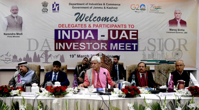 LG Manoj Sinha along with officials and delegates at India-UAE Investors Meet at SKICC Srinagar on Sunday. -Excelsior/Shakeel