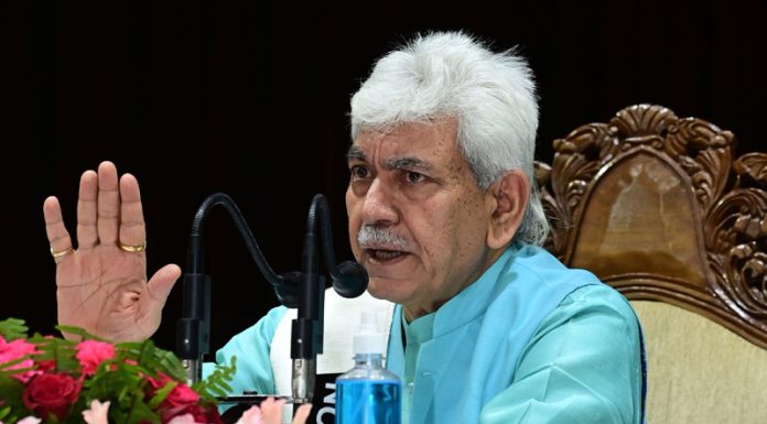 LG Manoj Sinha addressing a press conference in Jammu on Wednesday. —Excelsior/Rakesh