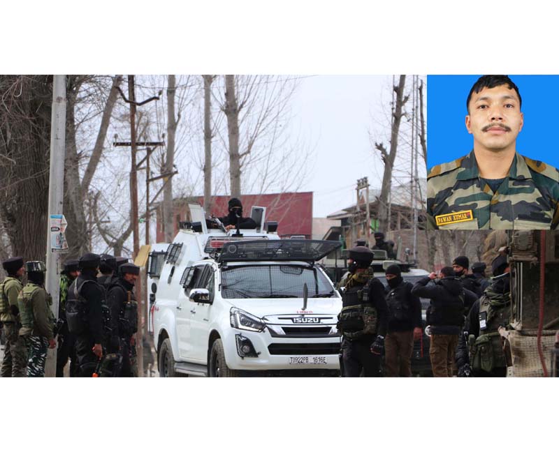 Security personnel during encounter in Pulwama on Tuesday. (Inset) Martyr soldier.
