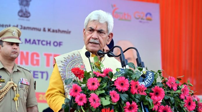 LG Manoj Sinha addressing a function on closing ceremony of LG’s Rolling Trophy at MA Stadium in Jammu on Thursday.