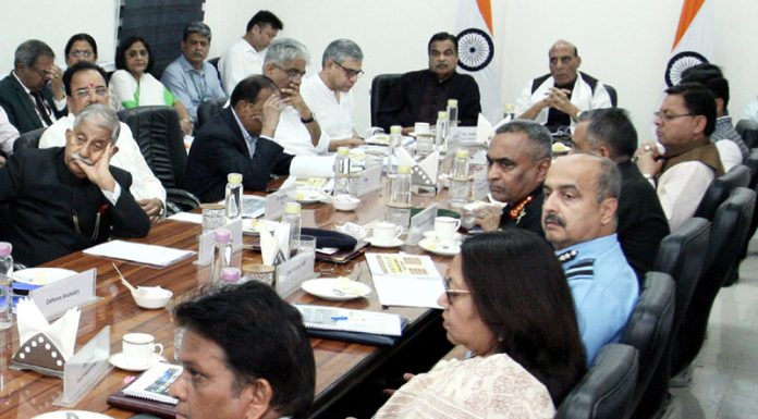 Defence Minister Rajnath Singh chairs a high-level meeting to review the progress of various infrastructure projects along northern border areas, in New Delhi on Tuesday.