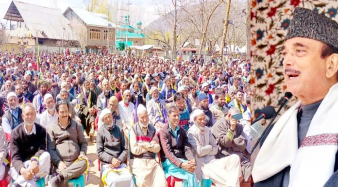 DPAP chief Ghulam Nabi Azad addressing a rally at Zaloora, Sopore on Wednesday.