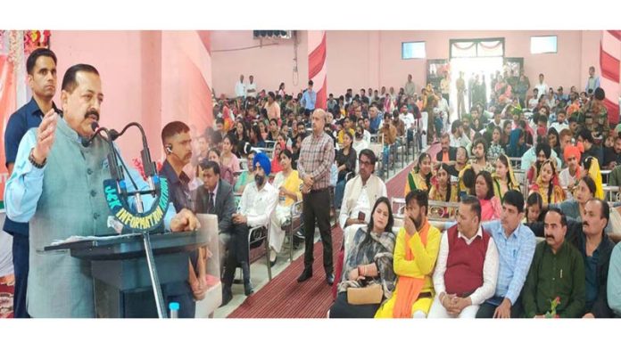 Union Minister Dr Jitendra Singh addressing youth convention at Kathua on Thursday.