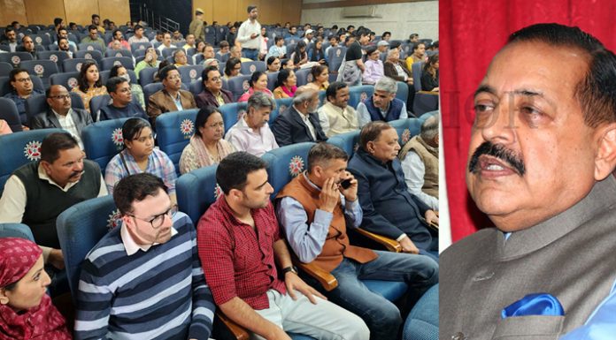 Union Minister Dr Jitendra Singh addressing a function during launch of J&K Chapter of PRSI at Jammu on Sunday. -Excelsior/Rakesh