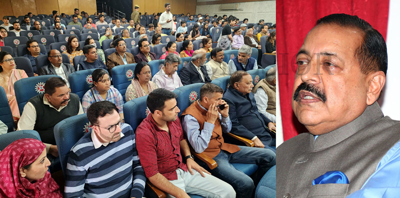 Union Minister Dr Jitendra Singh addressing a function during launch of J&K Chapter of PRSI at Jammu on Sunday. -Excelsior/Rakesh