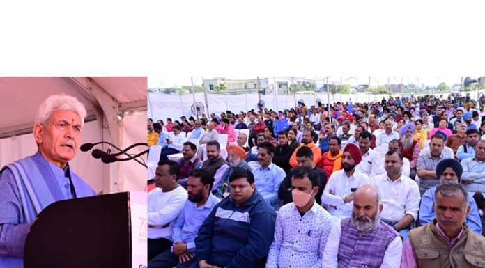LG Manoj Sinha addressing PoJK people at Bhour Camp in Jammu on Monday.