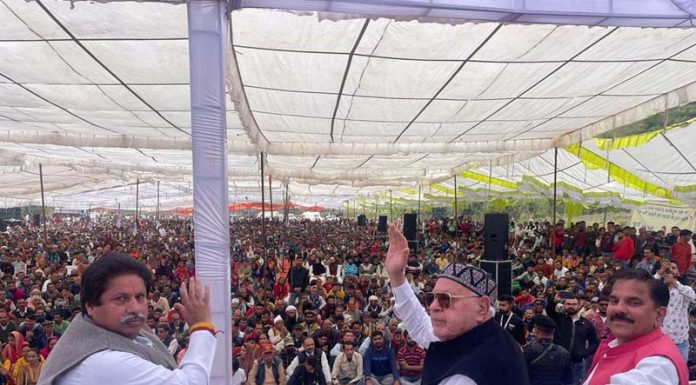 NC president Dr Farooq Abdullah, JKPCC working president Raman Bhalla and former Minister Harsh Dev Singh during Foundation Day function of NPP at Udhampur on Thursday.