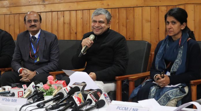 Minister of Railways, Communications and Electronics & Information Technology Ashwini Vaishnaw addressing a press conference in Srinagar on Saturday. — Excelsior/Shakeel