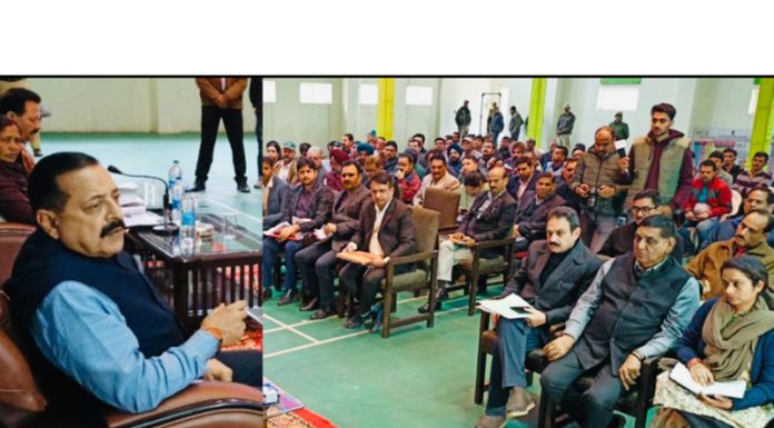 Union Minister Dr Jitendra Singh holding a 'Public Darbar' at Ramnagar in Udhampur district on Saturday. — Excelsior/ Surinder