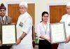 LG Manoj Sinha honouring awardees of Pradhan Mantri Rashtriya Bal Puraskar at Raj Bhavan in Jammu.