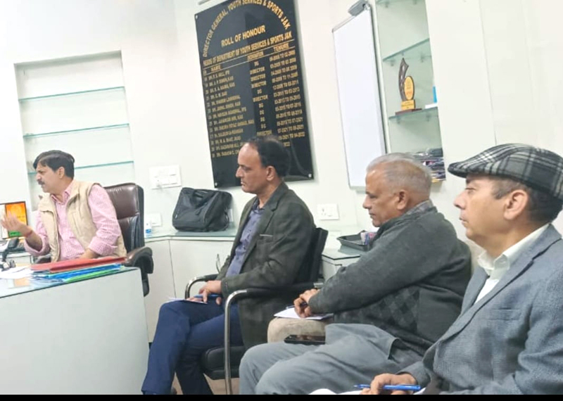 Director Sports Subash Chander Chibber chairing meeting of officers in his office chamber at MA Stadium in Jammu on Thursday.