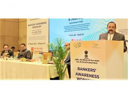 Union Minister Dr Jitendra Singh speaking after inaugurating Bankers Workshop for Pensioners conducted by Department of Pensions & Pensioners’ Welfare,at Bhopal on Monday.