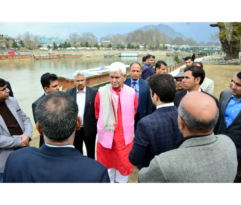 LG Manoj Sinha conducting inspection of ongoing works of Jhelum Riverfront on Tuesday.