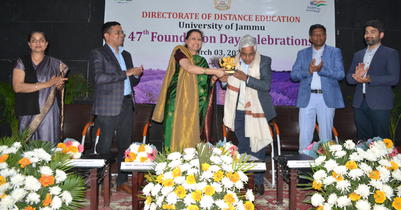 JU VC Prof Umesh Rai along with Director DDE Prof Neelu Rohmetra and others during a function at JU in Jammu.