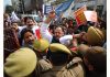 Congress activists and policemen during minor scuffle in Jammu on Thursday. —Excelsior/Rakesh