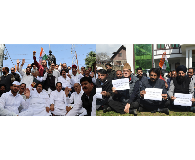 Cong leaders and workers staging protest at Jammu (left) and Srinagar (right) on Sunday.