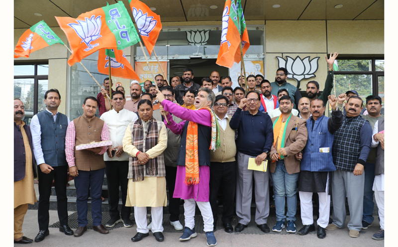 BJP leaders and activists celebrating party’s victory in Assembly elections of three States at Jammu on Thursday.