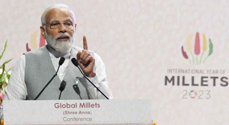 Prime Minister Narendra Modi addressing at the Global Millets (Shree Anna) Conference on the occasion of International Millets Year 2023 at Subramaniam Hall (PUSA), in New Delhi on Saturday. (UNI)