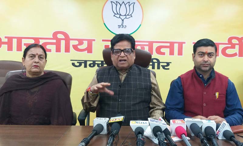 BJP leader Chander Mohan Sharma talking to reporters at Jammu on Saturday.