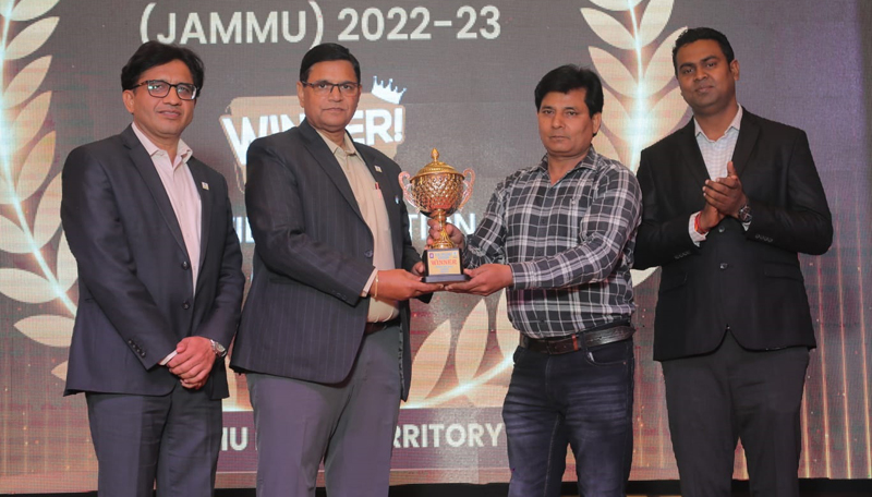 Regional Manager of KN Filling Station, Mohan Khullar, receiving award for generating highest sales in FY 2022-23 in Jammu region, on Saturday.