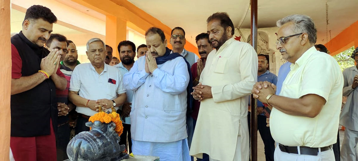 Senior BJP leader Devender Singh Rana during visit to a religious place on Thursday.