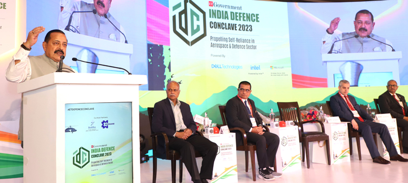 Union Minister Dr Jitendra Singh, as chief guest, addressing the India Defence Conclave 2023 organised by The Economic Times, at New Delhi on Friday.