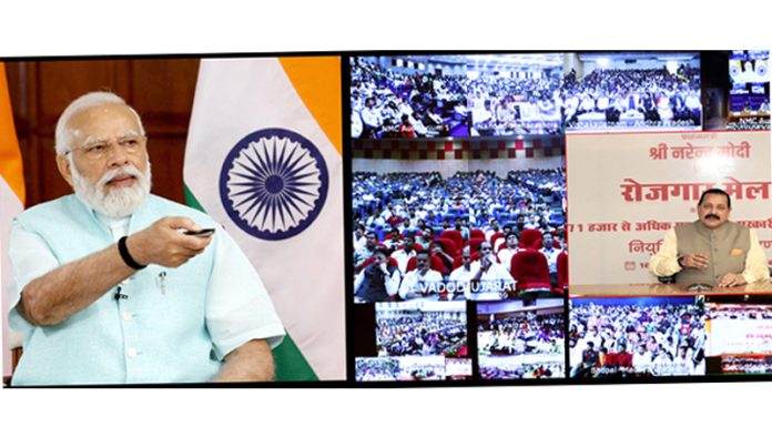 Prime Minister Narendra Modi inaugurating Rozgar Mela (left) and Union Minister Dr Jitendra Singh addressing it (right).