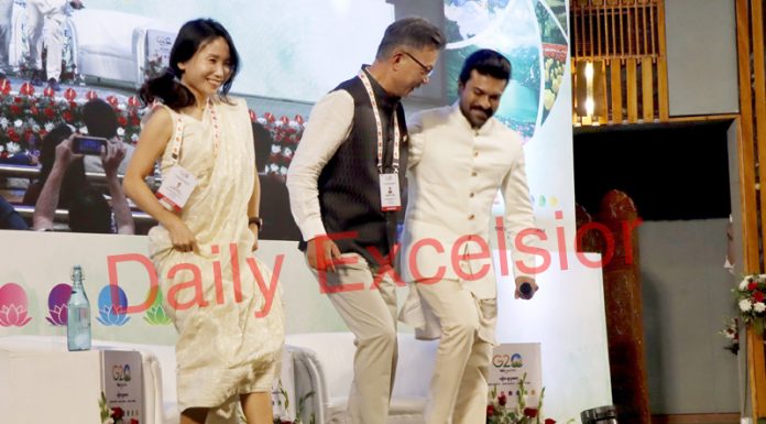 Actor Ram Charan dancing along with other delegates on the tunes of blockbuster song ‘Natu Natu’ during the ongoing G20 meeting at SKICC on Monday. - Excelsior/Shakeel