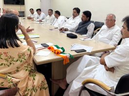 AICC general secretary KC Venugopal flanked by Rajni Patil (MP) chairing meeting of JKPCC leaders in New Delhi on Tuesday.