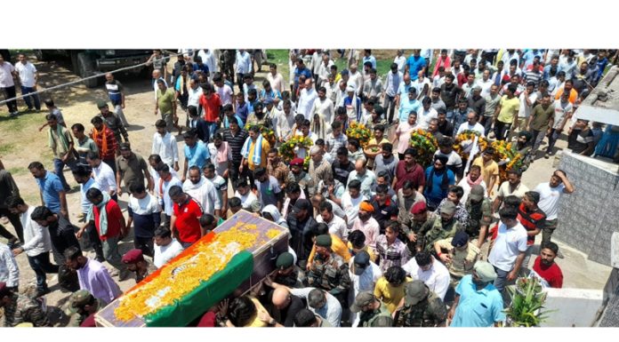 Thousands join funeral procession of Hav Neelam Singh in Jourian area of Akhnoor on Saturday.