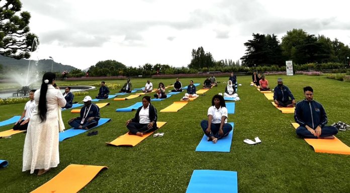 G20 delegates at a special yoga session in Srinagar on Wednesday.