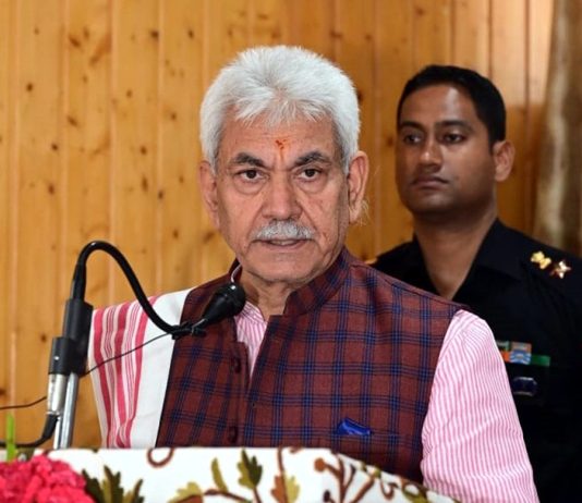 LG Manoj Sinha speaking after inaugurating several key projects in Baramulla on Tuesday. -Excelsior/Shakeel