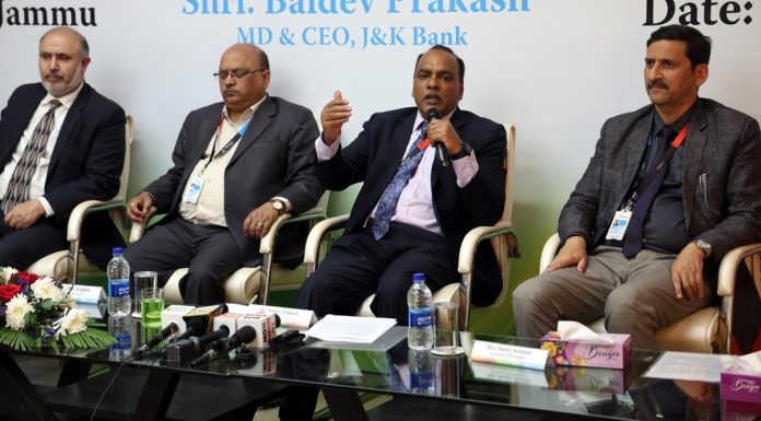 J&K Bank MD & CEO Baldev Prakash talking to media persons at Jammu on Sunday. -Excelsior/Rakesh