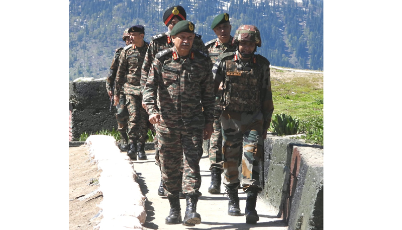 Northern Command chief Lt Gen Upendra Dwivedi at a forward location in Kashmir on Saturday.