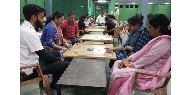 Participating players during the carrom tournament at University of Jammu on Monday.