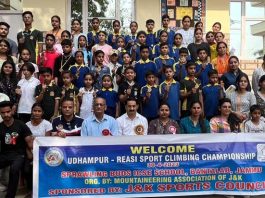 Medal winners posing with the dignitaries at Jammu on Monday.